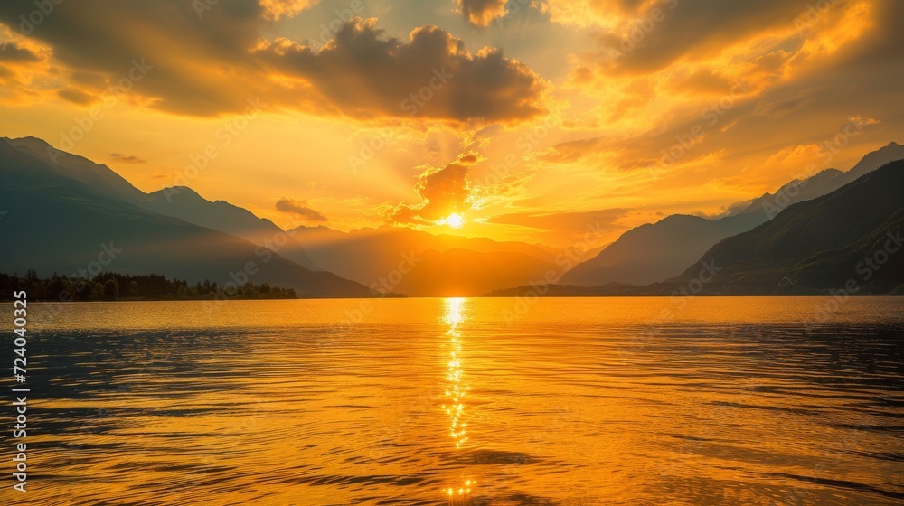 Golden sunset over a serene lake with mountains in the background