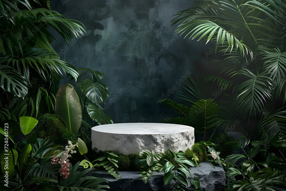 a white stone pedestal on a jungle background, in the style of dark gray, photo-realistic landscapes, vibrant stage backdrops, eco-friendly a white stone pedestal on a jungle background, in the style of dark gray, photo-realistic landscapes, vibrant stage backdrops, eco-friendly