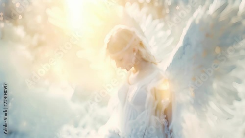 An ethereal angelic figure surrounded by a soft white light and healing blessings upon those in need. photo