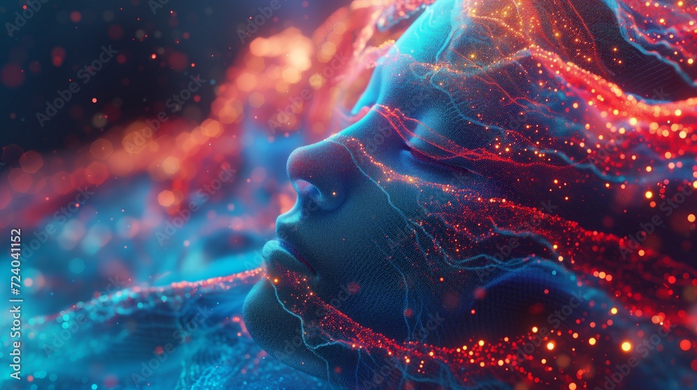 A serene visage emerges from an intricate web of light, crafted from blue and red lines that mimic a sophisticated neural network against a dark backdrop, embodying the essence of artificial intellige A serene visage emerges from an intricate web of light, crafted from blue and red lines that mimic a sophisticated neural network against a dark backdrop, embodying the essence of artificial intellige
