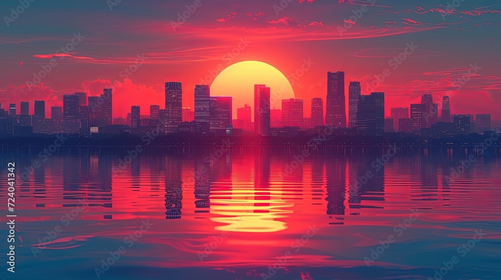 A sunset with a cityscape in silhouette.