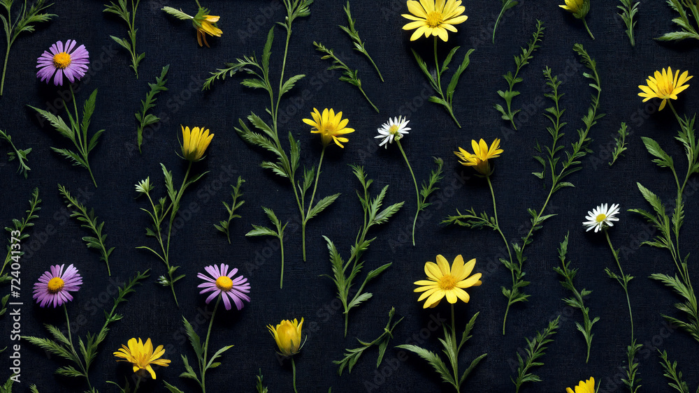 On a dark textile background flowers yellow and purple On a dark textile background flowers yellow and purple