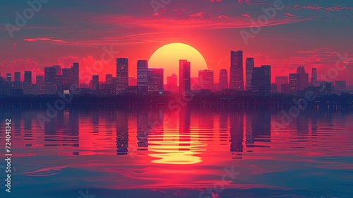 A sunset with a cityscape in silhouette.