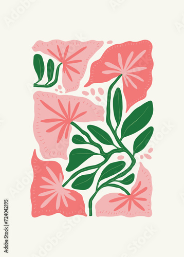 Floral abstract elements. Tropical Botanical composition. Modern trendy Matisse minimal style. Floral poster, invite. Vector arrangements for greeting card or invitation design