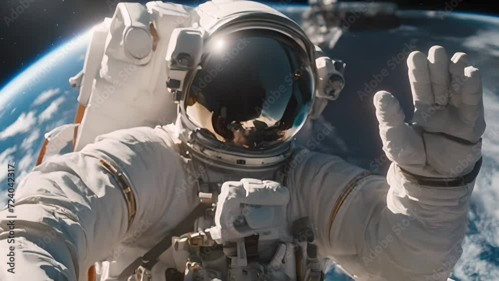 An astronaut in outer space waves his hand in greeting against the background of the Earth An astronaut in outer space waves his hand in greeting against the background of the Earth