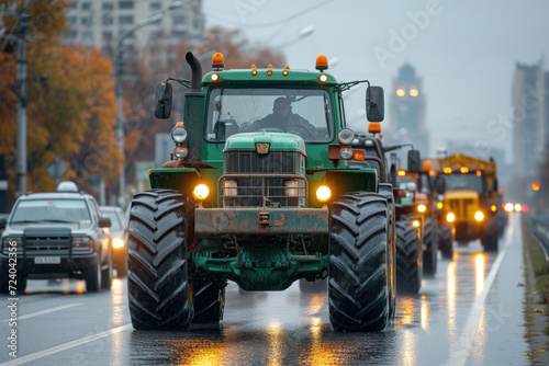 Green Tractor on Rainy City Street Creating Contrast Between Rural and Urban Life.