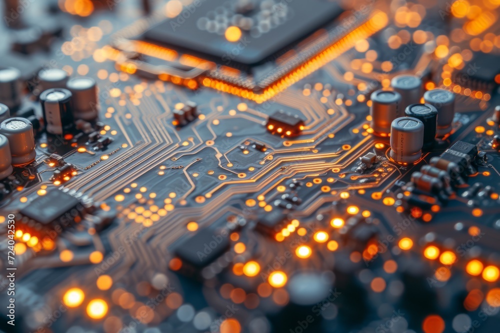 Close-up of an electronic circuit board with orange glowing lights Close-up of an electronic circuit board with orange glowing lights