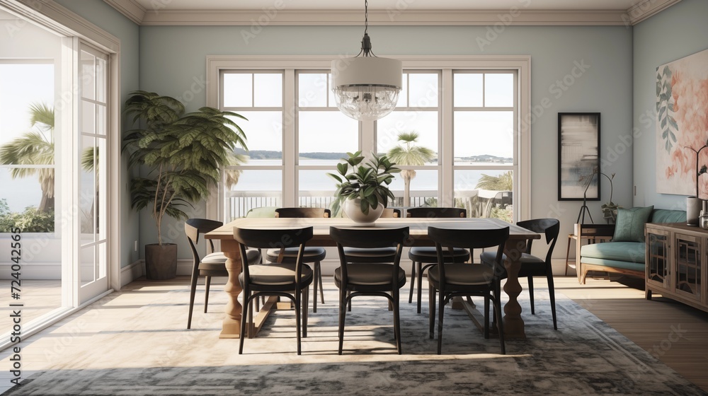 Integrate a statement rug underneath the dining table to anchor the space and define the seating area Integrate a statement rug underneath the dining table to anchor the space and define the seating area
