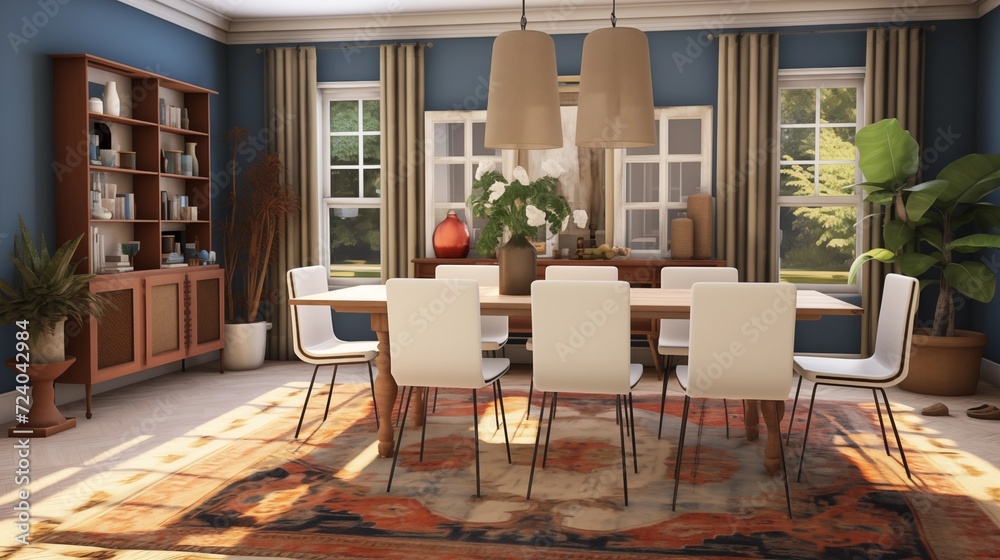 Integrate a statement rug underneath the dining table to anchor the space and define the seating area