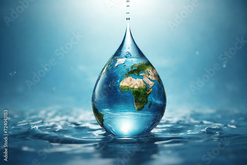 World in a drop of clean water and fresh blue water ripple design, environmental protection and ecology theme concept.