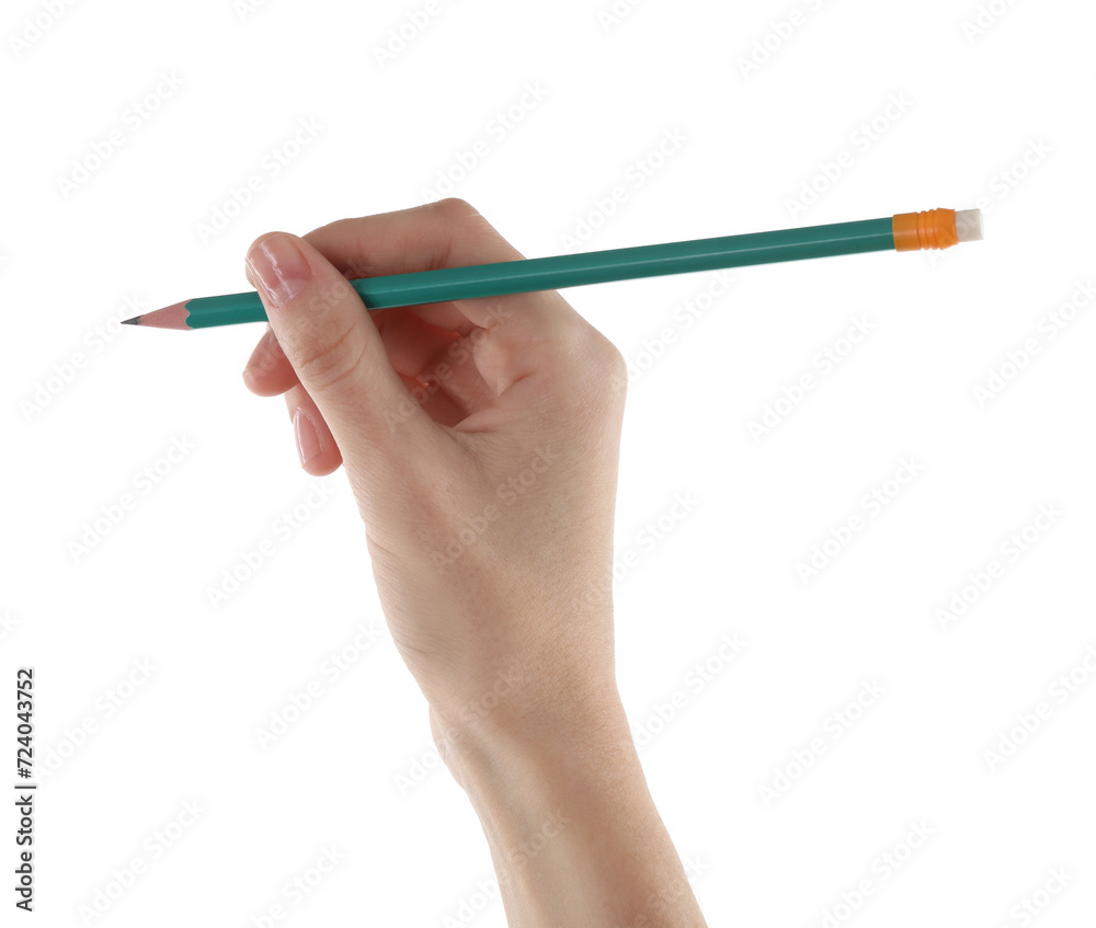 Woman with graphite pencil on white background, closeup Woman with graphite pencil on white background, closeup