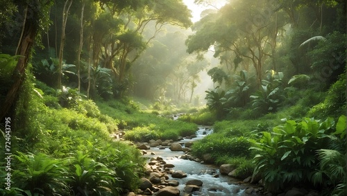 Lush green jungle with a small stream, morning light. generative AI