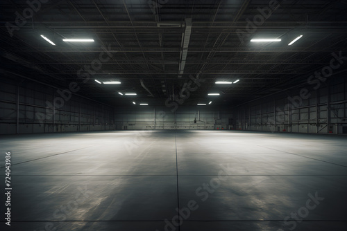 Großer, leerer Hangar, Halle, dunkel, diffuse Beleuchtung, erstellt mit generativer KI © rawku5
