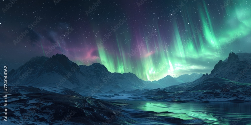 Generative AI, Green and pink northern lights above snowy mountains, winter landscape, aurora and reflection on the water surface