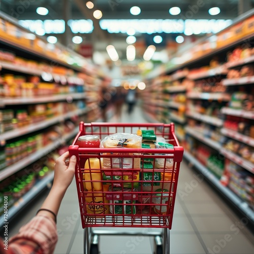 Aisle of Plenty: Supermarket Shelves Stocked with Goods