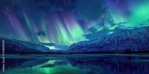 Generative AI, Green and pink northern lights above snowy mountains, winter landscape, aurora and reflection on the water surface © DELstudio