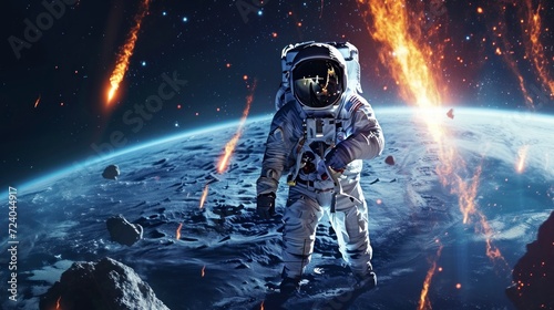 astronaut in space with earth background with large asteroid impact