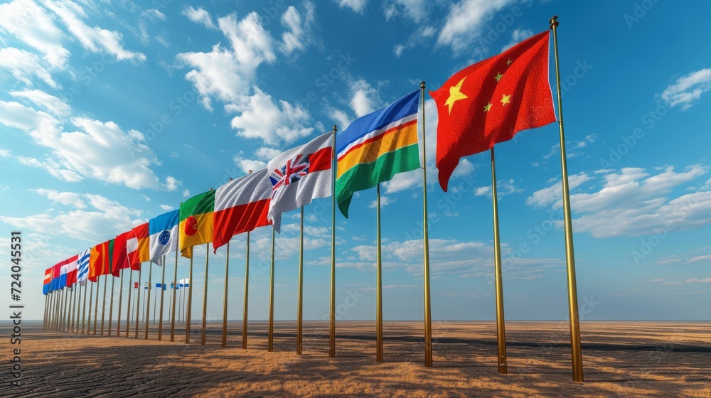 Fototapeta premium Flags of the World Set Against a Blue Sky