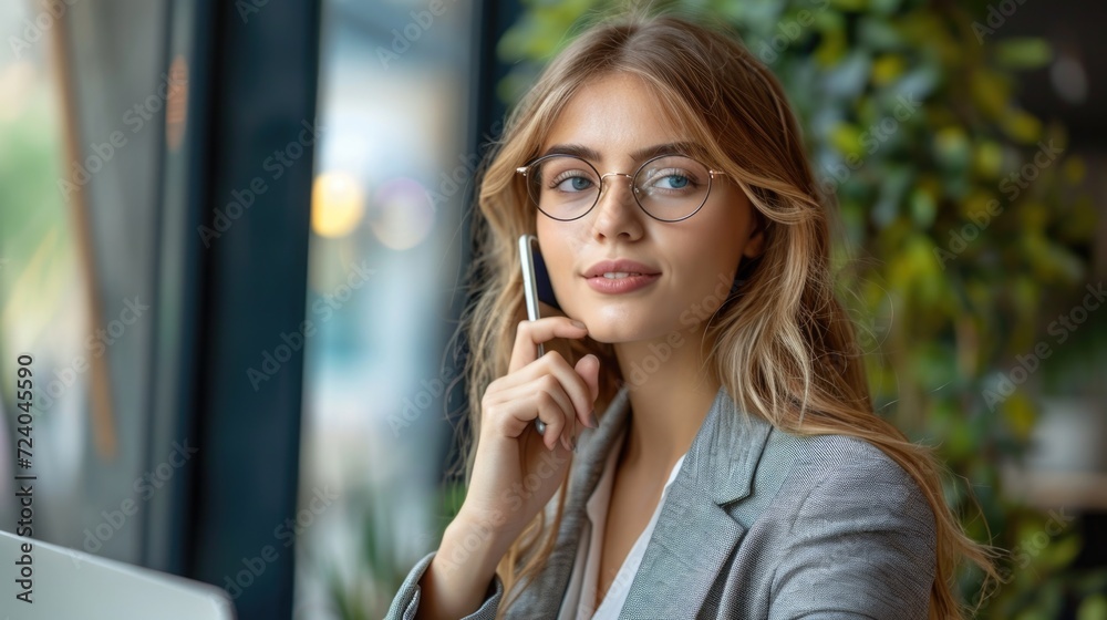 portrait of businesswoman with glasses on is holding a laptop phone in cafe on blurred backgrounds