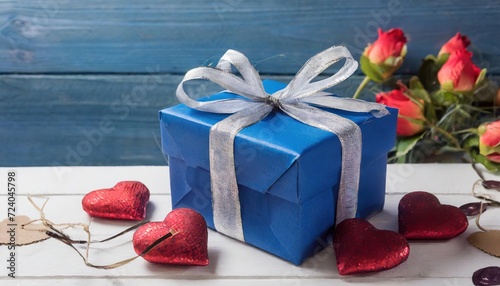 Colors of Joy: Dazzling Gift Boxes for Special Celebrations in Blue, Yellow, Red, and Kraft. Festive Splendor: Cheerful Gift Boxes Perfect for Valentine's Day and Christmas.  photo