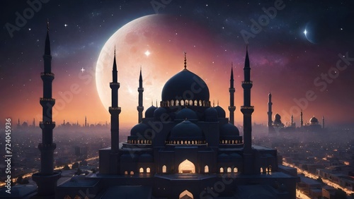 Starry Night Big Mosque Silhouette. Suitable for Ramadan concept, Islamic concept, Greeting card, Wallpaper, Background, Illustration, etc  © dreambender