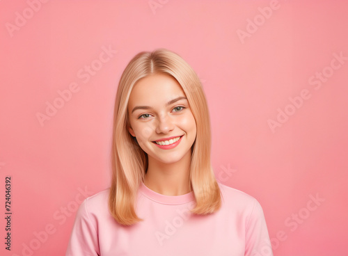 Portrait of a beautiful smiling young blonde girl dressed in rosy color t-shirt on pink background with copy-space.