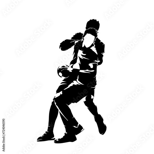 Handball, two players, isolated vector silhouette. Team sport athletes