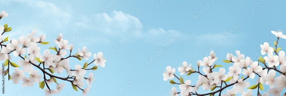 Branches with fresh white cherry flowers in full bloom against the blue sky. Blooming sakura, peaches and cherries on a blue background. Branches with fresh white cherry flowers in full bloom against the blue sky. Blooming sakura, peaches and cherries on a blue background.