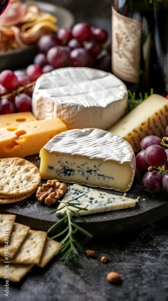 A variety of cheeses, grapes, and crackers on a wooden board