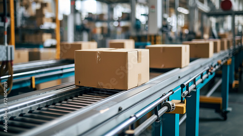 Cardboard boxes on conveyor rollers ready to be shipped by courier for distribution. Vegetables. generative ai