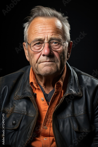 smiling bestager stands in front of dark wall and looks into the camera, Senior man studio portrait