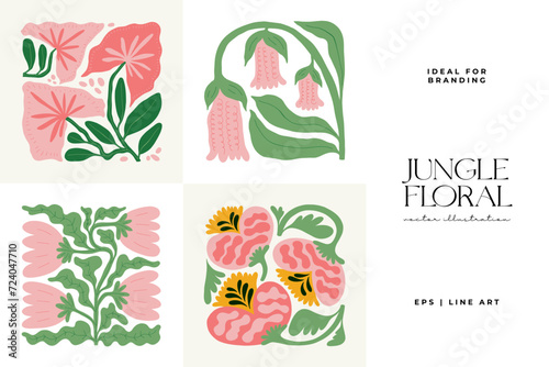 Floral abstract elements. Tropical Botanical composition. Modern trendy Matisse minimal style. Floral poster, invite. Vector arrangements for greeting card or invitation design