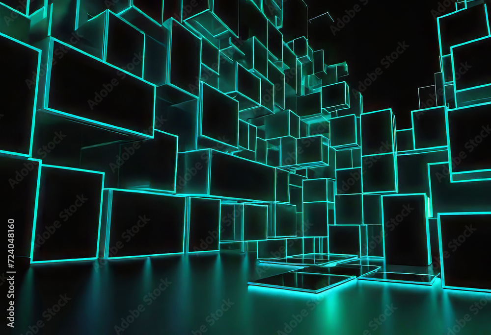 Dark background, abstract geometric blocks with neon light, 3D rendering, abstract background for decoration and design, Dark background, abstract geometric blocks with neon light, 3D rendering, abstract background for decoration and design,