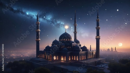 Mosque Silhouette Under Starry Night Sky. Suitable for Ramadan concept, Islamic concept, Greeting card, Wallpaper, Background, Illustration, etc  © dreambender