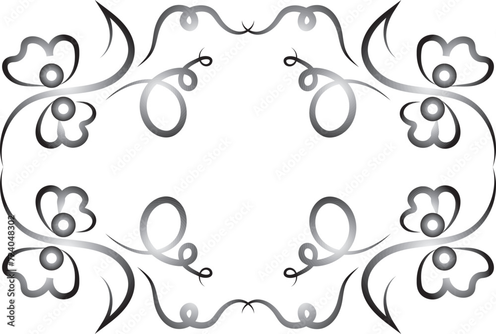 Graphic symmetrical fantasy ornament with flowers. Silver gradient. Ornament of curls and flowers on a transparent background Graphic symmetrical fantasy ornament with flowers. Silver gradient. Ornament of curls and flowers on a transparent background