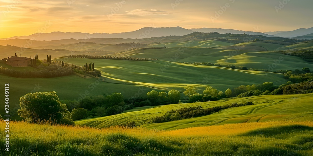 Fototapeta premium Golden hour light bathes rolling hills in warmth. tranquil landscape beckons relaxation. ideal for calm and nature themes. AI