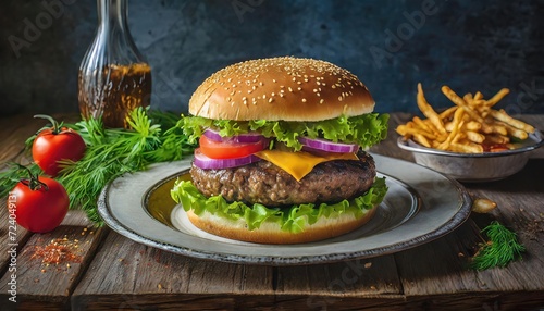 Close-Up Culinary Delight: Exceptional Detail of a Gourmet Hamburger in a Fine Restaurant Setting photo