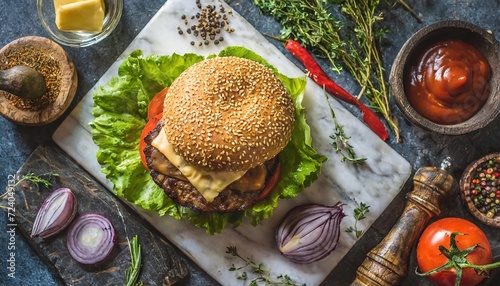 Close-Up Culinary Delight: Exceptional Detail of a Gourmet Hamburger in a Fine Restaurant Setting photo