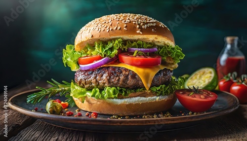 Close-Up Culinary Delight: Exceptional Detail of a Gourmet Hamburger in a Fine Restaurant Setting photo