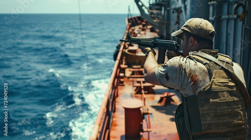 Sea soldier with rifle. A crew member armed with a gun is watching for pirates from an oil ship