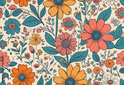 Wallpaper Mural vector flat logo illustration, trendy floral seamless illustration. Vintage floral background in 70s style. Torontodigital.ca