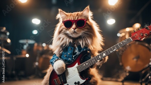 musician playing guitar A comical Scottish Straight cat wearing oversized sunglasses and a rockstar wig, playing an electric guitar 