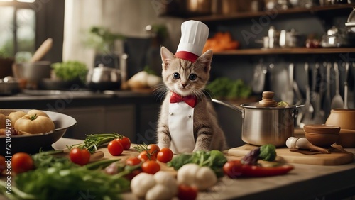 chef preparing food A humorous scene of a kitten with a tiny   hat and apron, cooking in a miniature kitchen,   © Jared