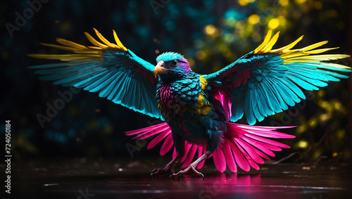 a bird with electrifying feathers that glow in vivid hues of neon yellow, pink, and turquoise.