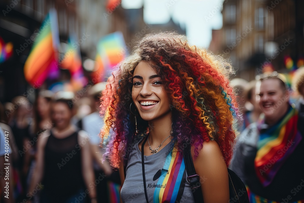 African-American woman with brightly colored hair smile and stand with LGBT flags