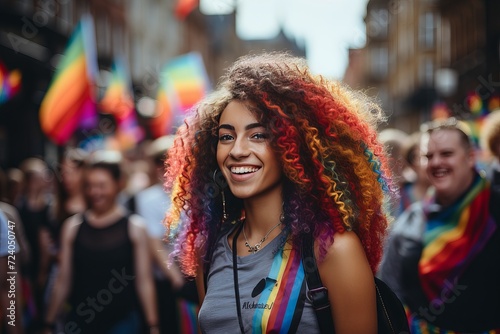 African-American woman with brightly colored hair smile and stand with LGBT flags