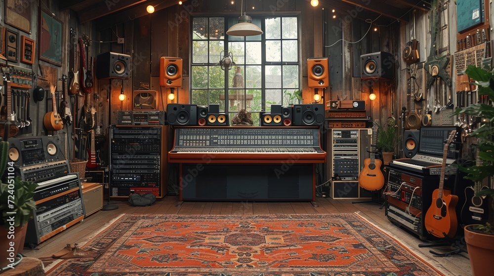 a recording studio with a large rug