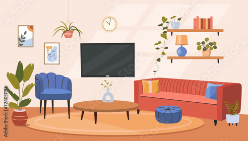 Living room interior. Comfortable sofa, chair, TV and house plants. Vector flat cartoon illustration