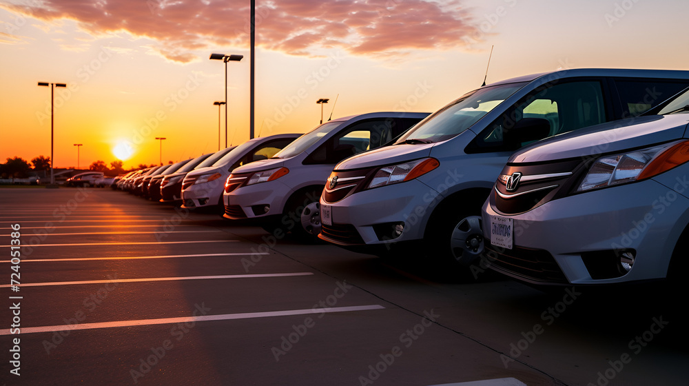 row of fleets in parking lot sunset clear skies row of fleets in parking lot sunset clear skies