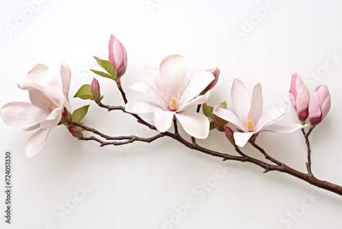 Blooming white and pink close-up flowers of magnolia on a branch with young leaves  growing in spring park or botanical garden  with blurred white background